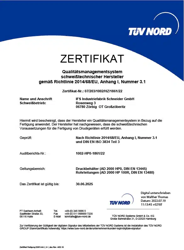 Zertifikat DIN EN ISO 3834 Schweißtechnik der Industriefabrik Schneider GmbH