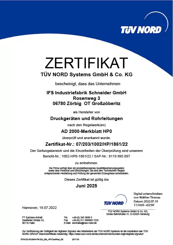 Zertifikat AD 2000-Merkblatt HP0 der Industriefabrik Schneider GmbH