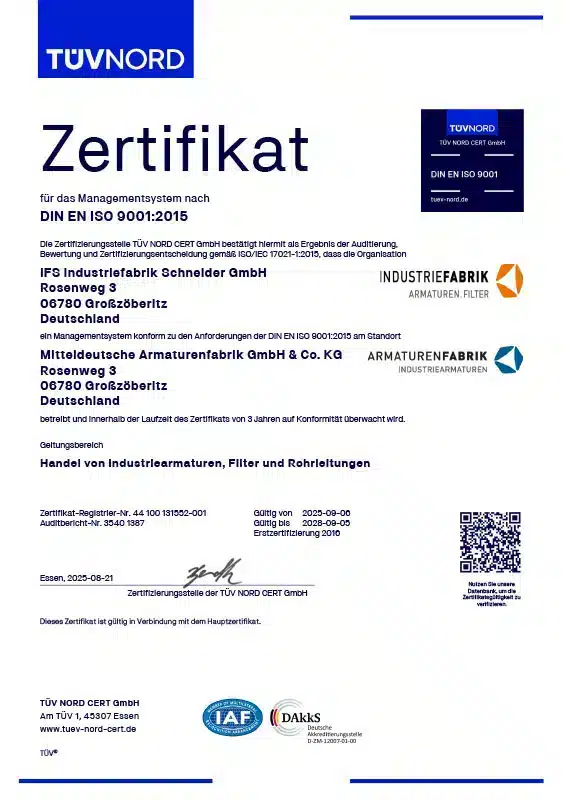 Zertifikat DIN EN ISO 9001:2015 der Industriefabrik Schneider GmbH über das Qualitätsmanagementsystem