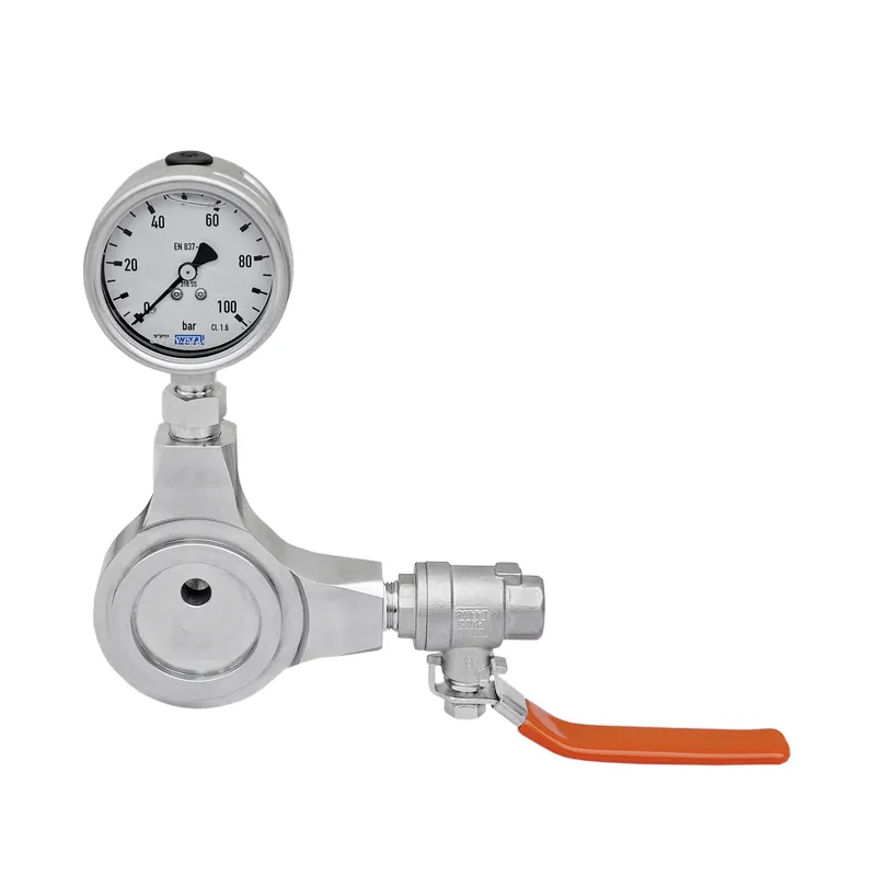 Blindscheibe aus Edelstahl mit Entlüfter, Manometer und Kugelhahn zur Druckanzeige hinter der Scheibe