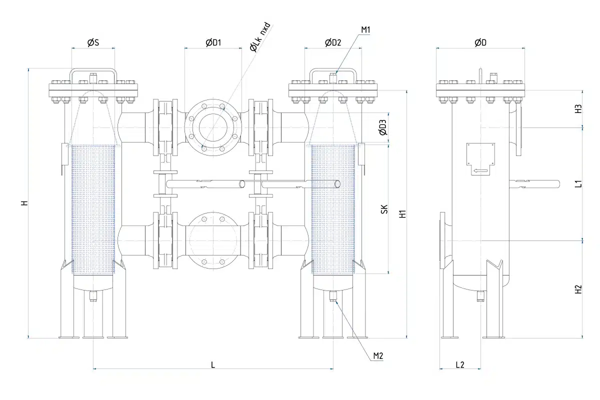 Technische Zeichnung des Doppelfilters Typ DF mit den Abmessungen der Baureihe