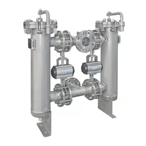 Doppelfilter Typ DF DN80 aus Edelstahl mit angetriebenen Absperrklappen, elektrisch oder pneumatisch umgeschaltet