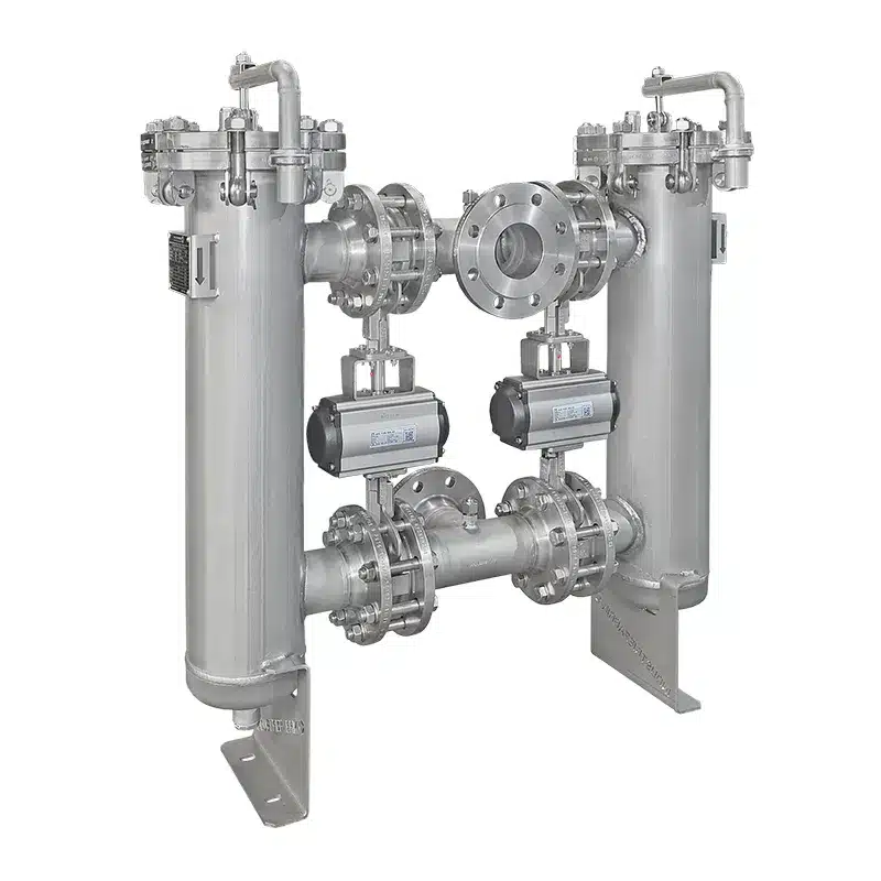 Doppelfilter Typ DF DN80 aus Edelstahl mit angetriebenen Absperrklappen, elektrisch oder pneumatisch umgeschaltet