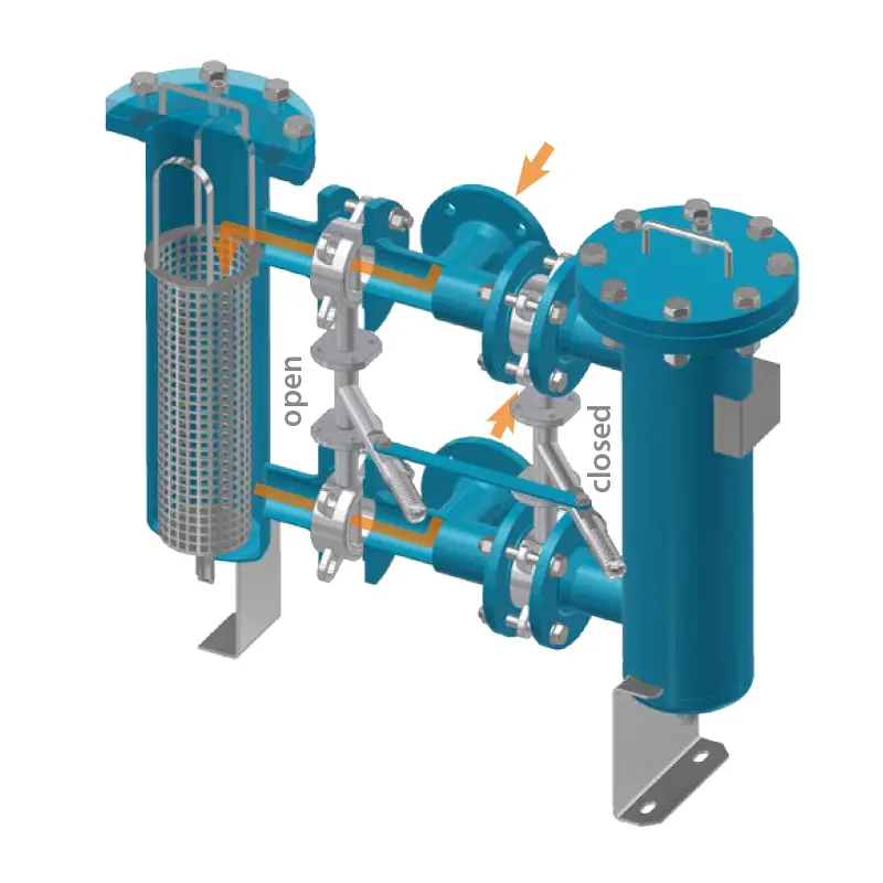 Technische Zeichnung zum Funktionsprinzip des Doppelfilters Typ DF als Umschaltfilter mit zwei Kammern
