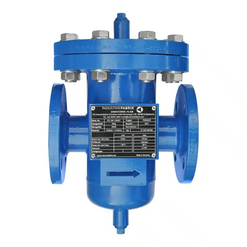 Einfachfilter DN50 aus Stahl P235GH (1.0345) bzw. P250GH (1.0460), RAL 5010 blau lackiert, mit Flanschanschluss