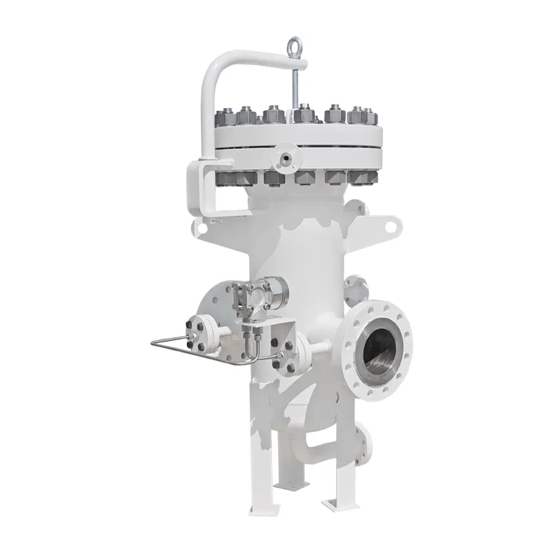 Hochdruckfilter Typ SKF-H DN150 PN63 aus Stahl mit Heizmantel, Differenzdruckanzeige sowie Schwenk- und Hebearm für den Deckel