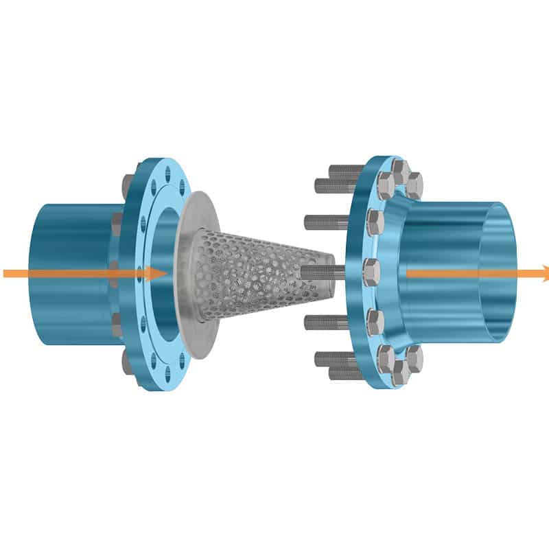 Basket strainer Industriefabrik Schneider Flat plate strainer Temporary strainer Conical strainer Stainless steel Intermediate flange Pipeline
