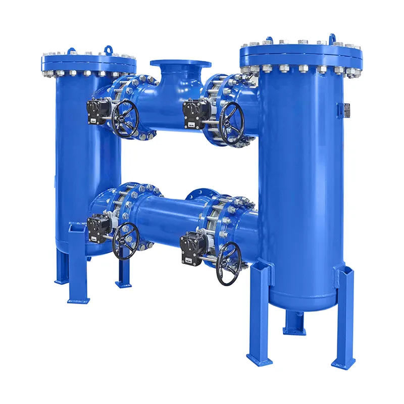 Doppelfilter Typ DF DN300 aus Stahl, RAL 5010 blau lackiert, mit handbetätigten Absperrarmaturen