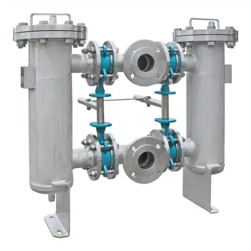 Doppelfilter Typ DF als Umschaltfilter, DN65 aus Edelstahl mit Absperrklappen im Handbetrieb, etwa für Heißwasser und Wasser
