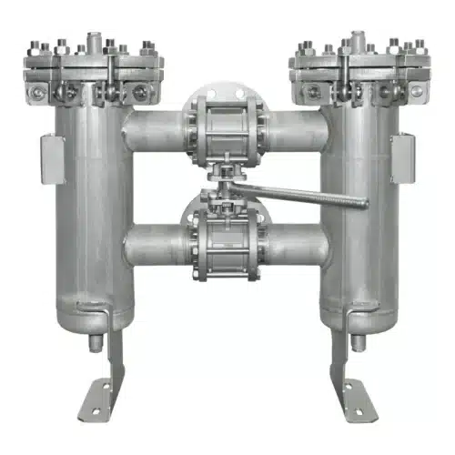 Doppelfilter Typ DF DN65 PN10 aus Edelstahl mit Kugelhahn-Umschaltung im Handbetrieb für viskose Medien