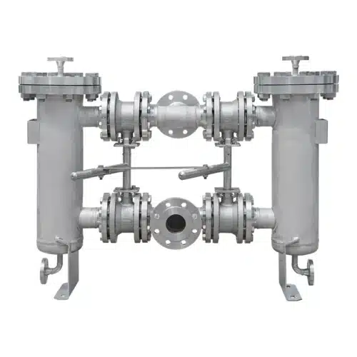 Doppelfilter Typ DF DN65 PN40 aus Edelstahl mit Kompakt-2-Wege-Kugelhähnen zur Umschaltung im Handbetrieb, für Säuren und Laugen in Chemie und Petrochemie