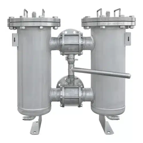 Doppelfilter Typ DF DN80 aus Edelstahl, dampfbeheizt, mit Umschaltung über 3-Wege-Kugelhähne im Handbetrieb, für Dampf und Kondensat