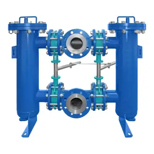 Doppelfilter Typ DF DN80 aus Stahl, RAL 5010 blau lackiert, als Umschaltfilter mit vier Absperrklappen im Handbetrieb für Wasser und Prozesswasser