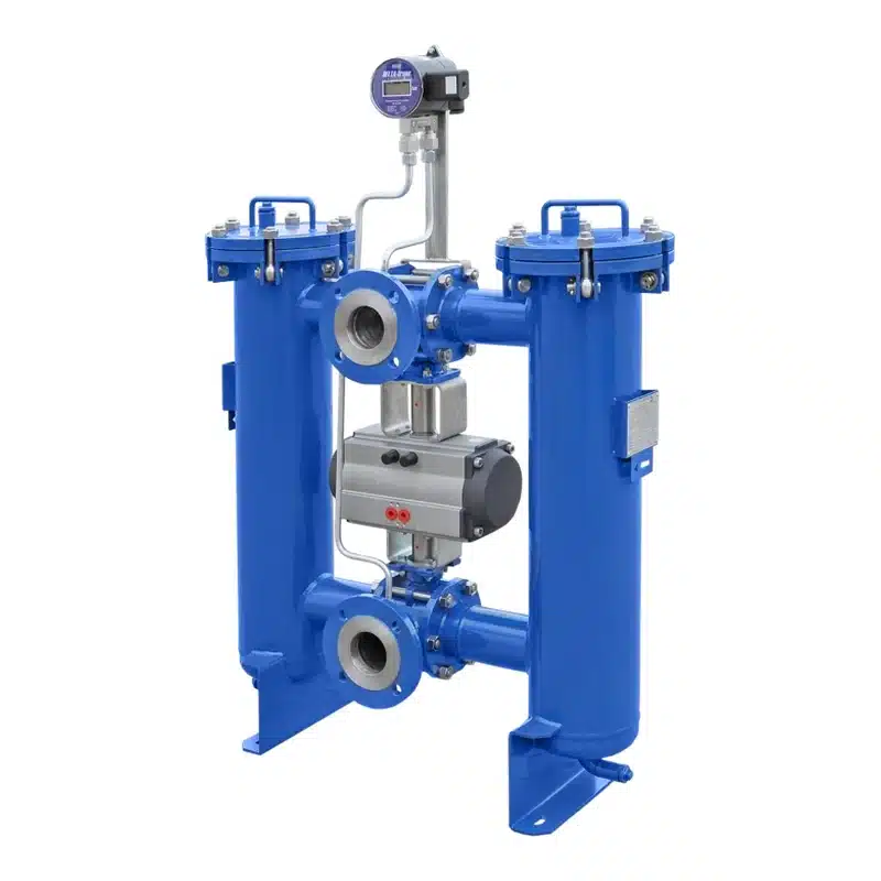 Doppelfilter Typ DF aus Stahl mit Durchflussmesser und automatisiert angetriebenem Kugelhahn