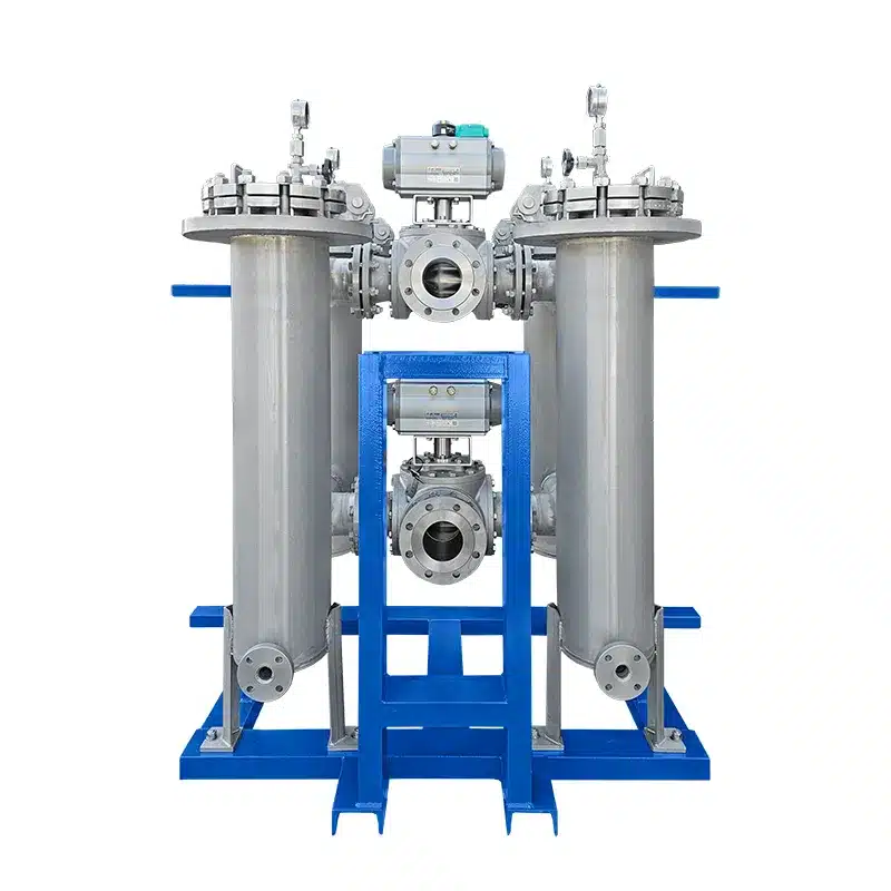 Rahmenmontierter Doppelfilter Typ DF als Umschaltfilter aus Edelstahl mit automatisiertem Kugelhahn, pneumatischem Antrieb und Stellungsanzeiger