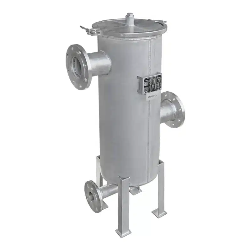 Einfachfilter Typ EF DN100 PN10 mit Flanschanschluss, Schnellverschluss und Standfüßen