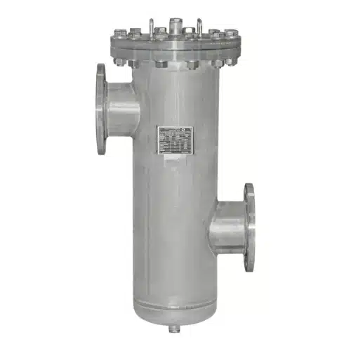 Einfachfilter Typ EF DN150 aus Edelstahl mit Entlüftungsmuffe am Deckel und Klöpperboden, etwa für Heißwasser und Prozesswasser