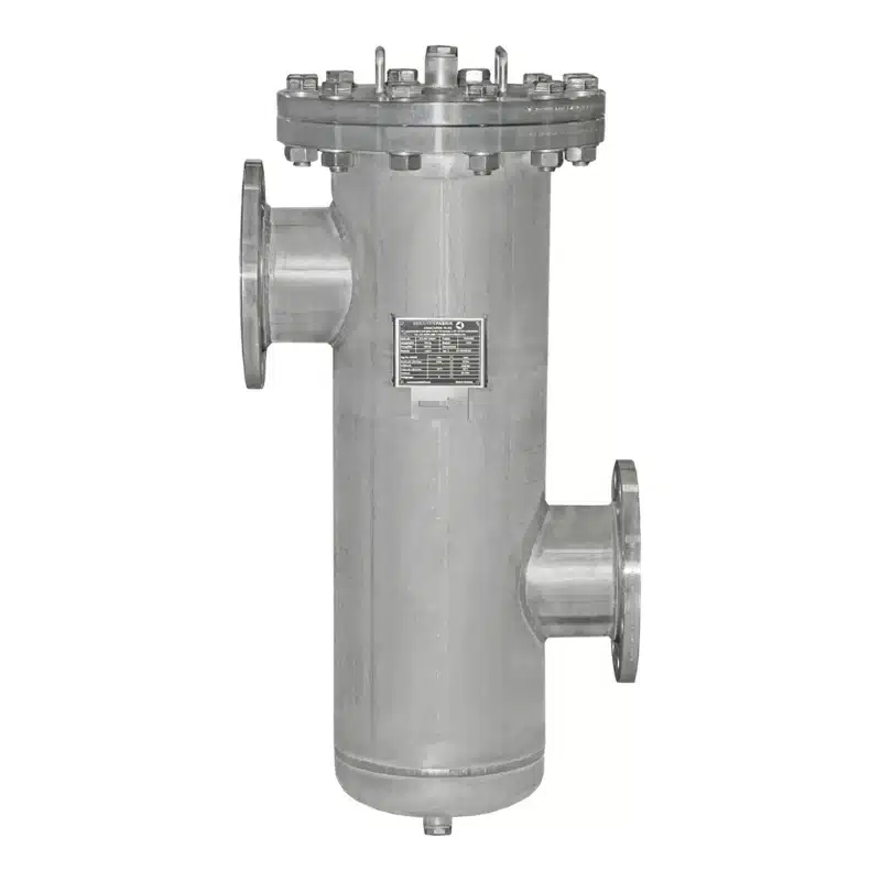 Einfachfilter Typ EF DN150 aus Edelstahl mit Entlüftungsmuffe am Deckel und Klöpperboden, etwa für Heißwasser und Prozesswasser