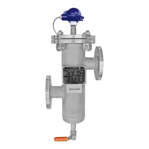 Einfachfilter Typ EF DN50 aus Edelstahl mit Kugelhahn, PT100, Thermometer und Differenzdruckanzeige