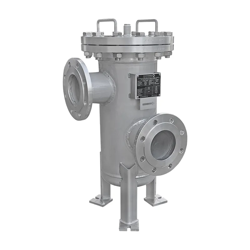 Einfachfilter Typ EF DN100 PN10 aus Edelstahl als Eckfilter 90° in Sonderbauform mit Standfüßen