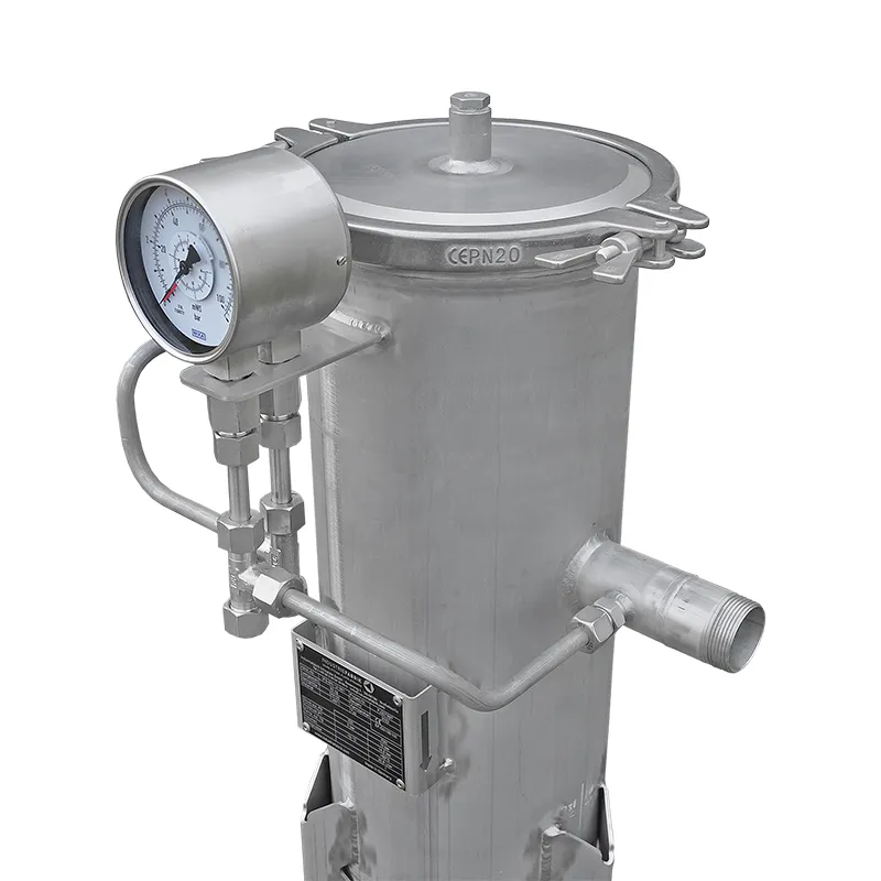 Einfachfilter Typ EF DN100 PN10 aus Edelstahl mit Schnellverschluss und Differenzdruckanzeige