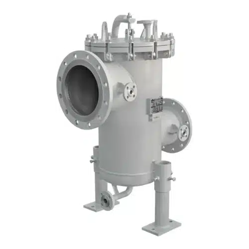 Einfachfilter Typ EF aus lackiertem Stahl mit Schnellverschluss, Deckel-Hebe-Schwenkarm, Differenzdruck- und Entleerungsanschluss für Abwasser und Brauchwasser in Kläranlagen