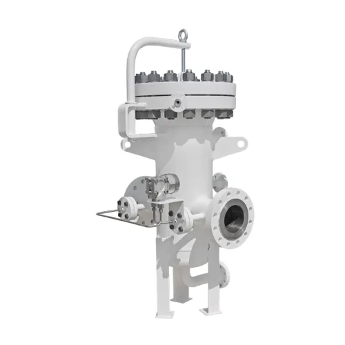 Hochdruckfilter Typ SKF-H DN150 PN68 mit Deckel-Schwenkarm, Dreipunkt-Standfüßen und Hebeösen für Krantransport und Befestigung