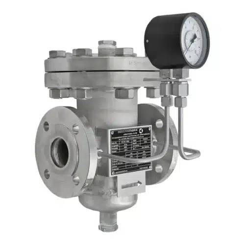Siebkorbfilter Typ SKF DN50 aus Edelstahl mit angebautem Differenzmanometer zur Differenzdruckanzeige und weiteren Ausstattungsoptionen