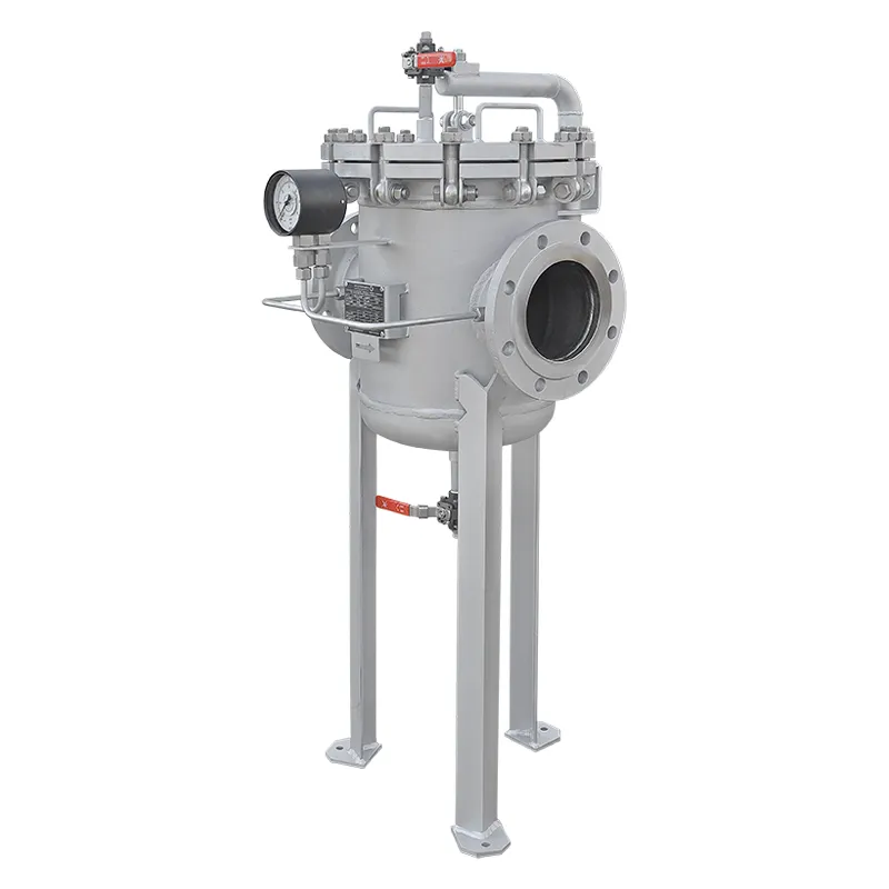 Siebkorbfilter Typ SKF DN150 aus Edelstahl mit Schnellverschluss, Kugelhähnen für Entlüftung und Entleerung und Standfüßen