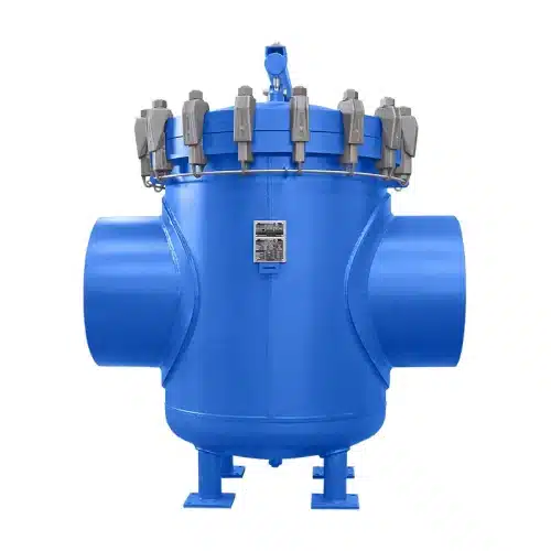 Siebkorbfilter Typ SKF DN600 aus Stahl, RAL 5010 blau lackiert, mit Anschweißenden, Schnellverschluss und Deckel-Schwenkarm für Abwasser und Brauchwasser