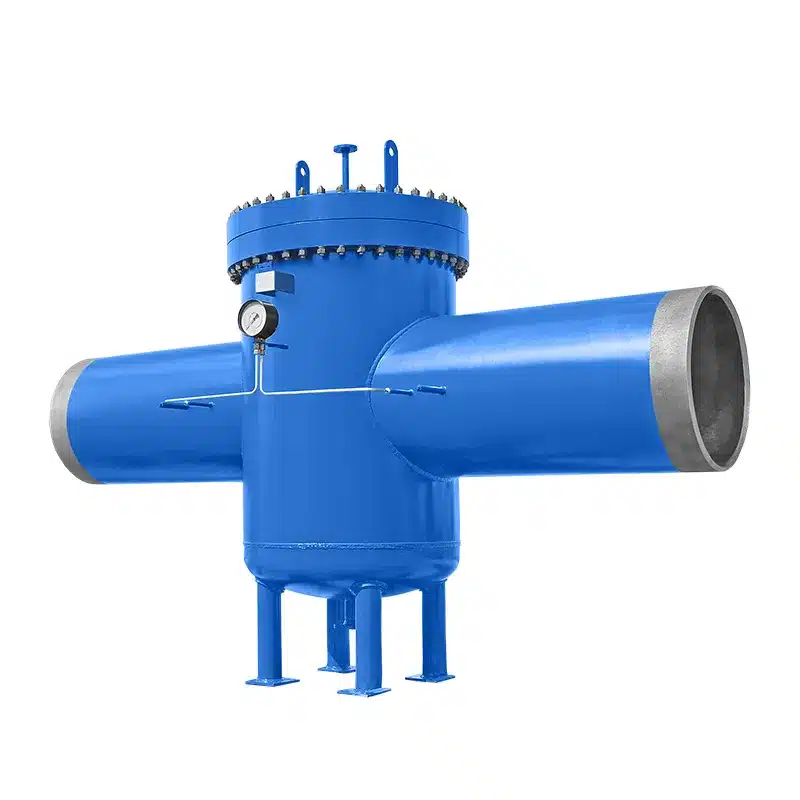 Siebkorbfilter Typ SKF DN700 aus Stahl, blau lackiert, mit angeschweißten Enden und Differenzdruckanzeige für die Fernwärme