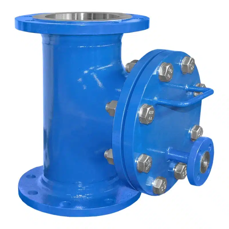 T-Filter Typ TF DN150 aus Stahl, RAL 5010 blau lackiert, mit Entlüftungsanschluss