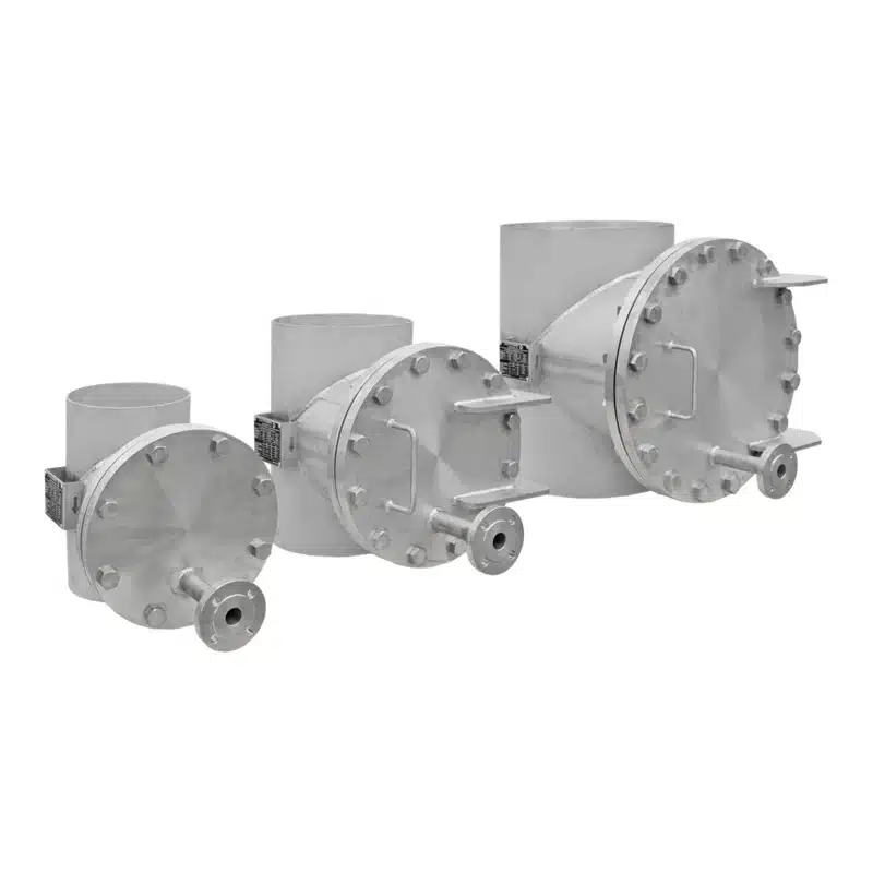 Drei T-Filter Typ TF aus Edelstahl in DN200, DN250 und DN400 mit Entlüftungsanschluss
