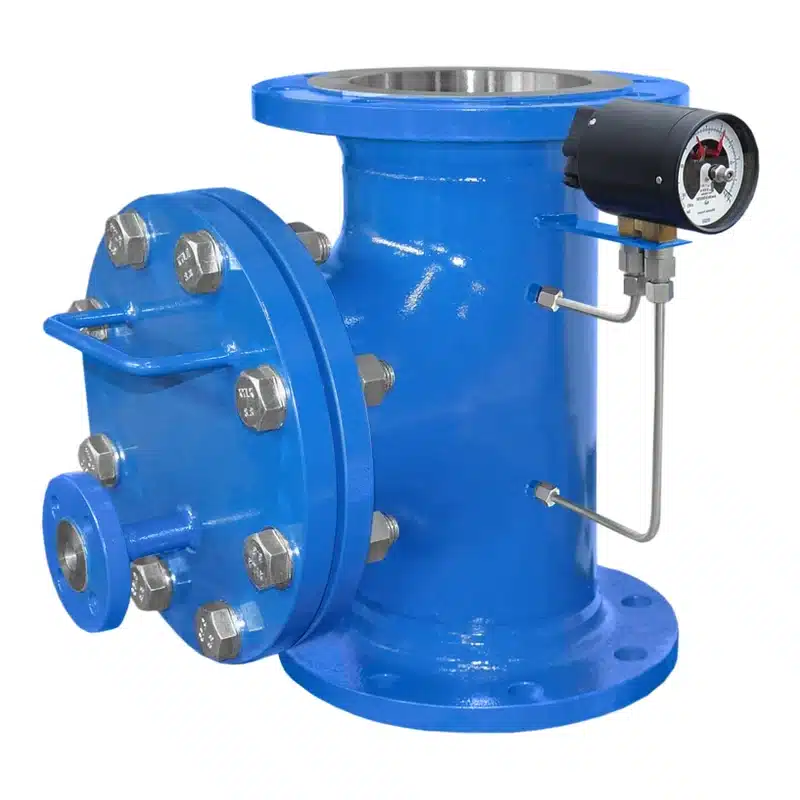 T-Filter Typ TF aus Stahl, RAL 5010 blau lackiert, mit Differenzdruckanzeige und Entlüftungsanschluss