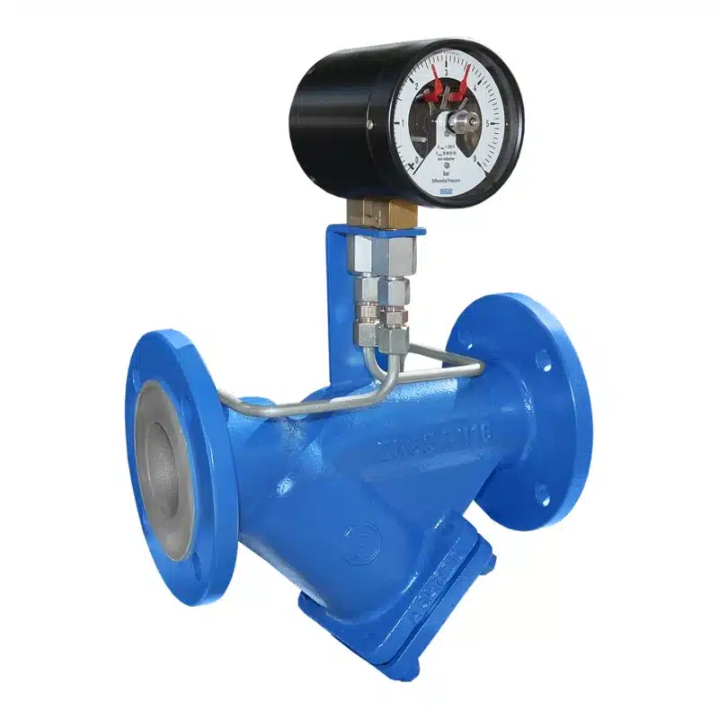Y-Schmutzfänger Typ YF DN65 in Schrägsitzbauweise aus Stahl, blau lackiert, mit Differenzdruckmanometer