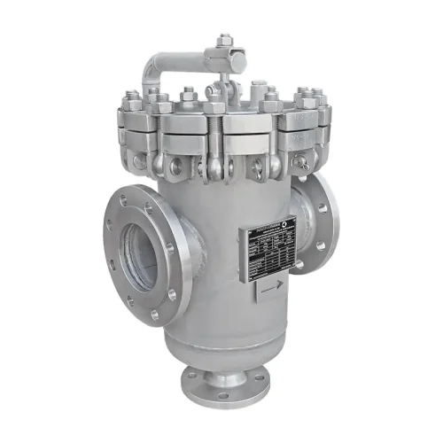 Siebkorbfilter Typ SKF DN100 PN16 aus Edelstahl mit Schnellverschluss am Deckel und Entleerung mit Flansch, für Säuren und Laugen in der Chemieindustrie