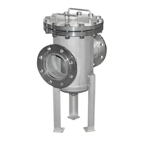 Siebkorbfilter Typ SKF DN150 aus Edelstahl auf Dreipunkt-Standfüßen