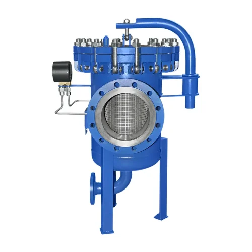 Siebkorbfilter Typ SKF DN200 aus Stahl, RAL 5010 blau lackiert, mit Deckel-Schnellverschluss über Augenschrauben, Schwenkarm, Differenzdruckanzeige und grobem Siebeinsatz
