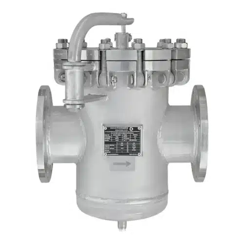 Siebkorbfilter Typ SKF DN150 PN16 aus Edelstahl mit Schnellverschluss und Deckel-Hebe-Schwenkvorrichtung für Öle und Thermalöle