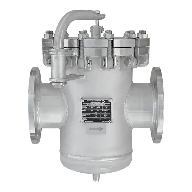 Siebkorbfilter Typ SKF DN150 PN16 aus Edelstahl mit Schnellverschluss und Deckel-Hebe-Schwenkvorrichtung für Öle und Thermalöle
