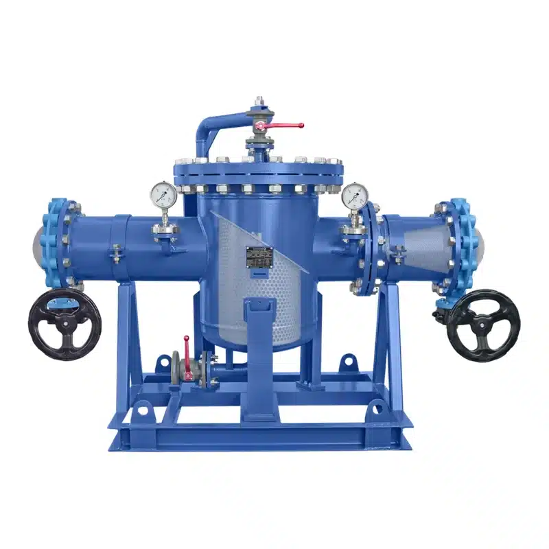 Rahmenmontierter Siebkorbfilter Typ SKF DN250 PN16 mit Hutsieb als Vorfilter, Feinsieb und Absperrklappen