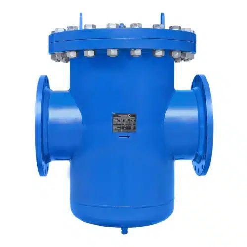 Siebkorbfilter Typ SKF aus Stahl, RAL 5010 blau lackiert, mit Hebeöse für Prozesswasser und Wasseraufbereitung