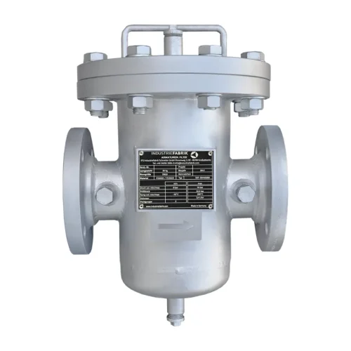 Siebkorbfilter Typ SKF DN50 aus Stahl mit Speziallackierung für hohe Temperaturen und Anschlüssen für Sicherheitsarmaturen wie Differenzmanometer oder Thermometer