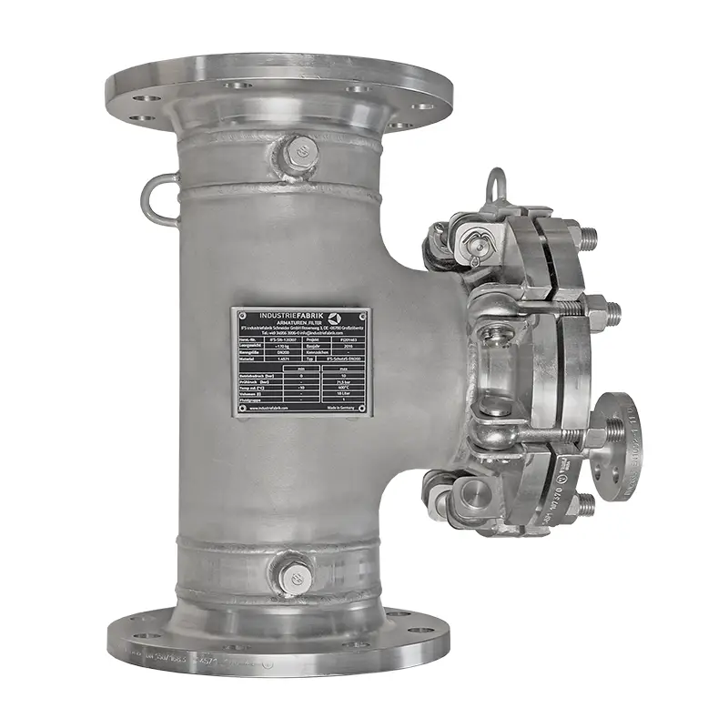 T-Filter Typ TF DN150 PN10 aus Edelstahl mit Schnellverschluss über Augenschrauben, hier für Stickstoff und Gase