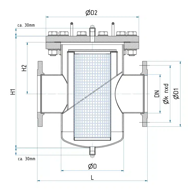 Technische Zeichnung des Siebkorbfilters Typ SKF mit den Baumaßen der Baureihe, Teil 1