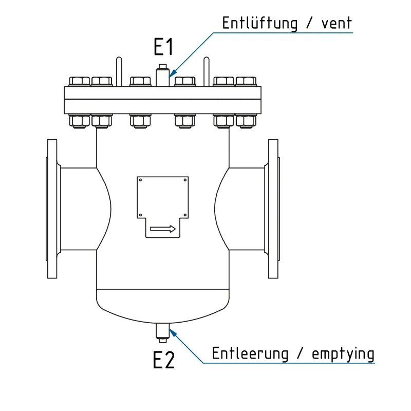 Technische Zeichnung des Siebkorbfilters Typ SKF mit den Baumaßen der Baureihe, Teil 2