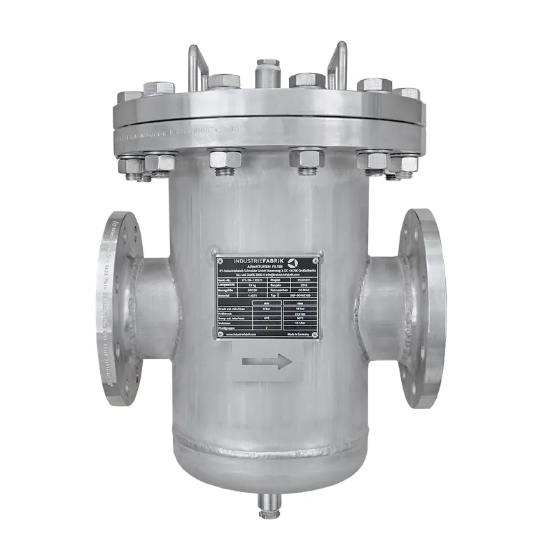 Siebkorbfilter Typ SKF DN100 PN16 aus Edelstahl 1.4571 mit 250 µm Maschenweite, ausgelegt als Gasfilter für Stickstoff