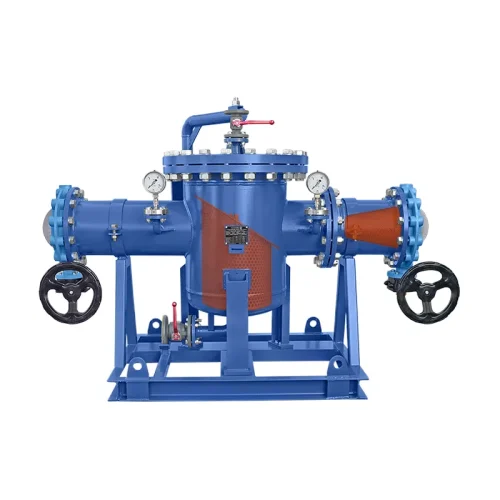 Rahmenmontierter Siebkorbfilter Typ SKF DN250 PN16 aus Stahl, in RAL 5011 blau lackiert, mit Hutsieb Typ H als Vorsieb