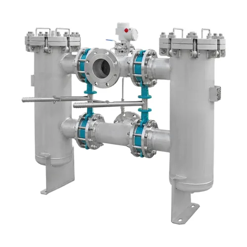 Doppelfilter Typ DF als Umschaltfilter, DN100 PN16 aus Edelstahl mit Absperrklappen im Handbetrieb für Feststoffe und Suspensionen
