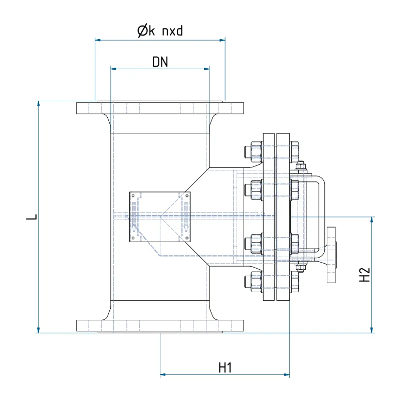 Technische Zeichnung des T-Filters Typ TF mit den Baumaßen der Baureihe, Teil 1